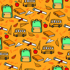 doodle seamless pattern with school bag and school bus