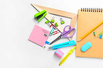 Set of school stationery on white background