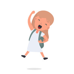 Little girl with a backpack is jumping. Cheerful schoolgirl. Suitable for school or vacation design. Isolated. Vector.