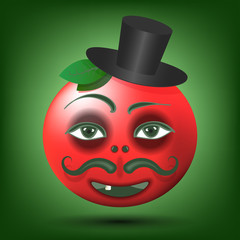 Abstract icon round red smiling face with one tooth, mustache and hat with leaves Eps10