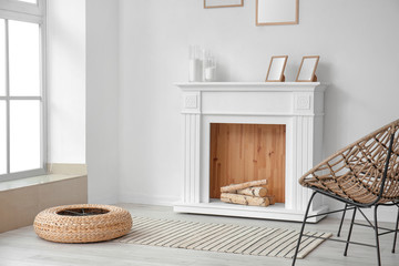 Interior of modern room with fireplace