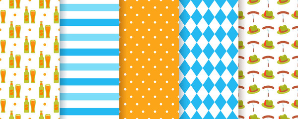 Oktoberfest seamless pattern. Octoberfest background. Vector. Texture with beer, rhombus, stripes, hat and polka dot. Set of Bavarian diamond prints. Germany traditional wallpaper. Color illustration