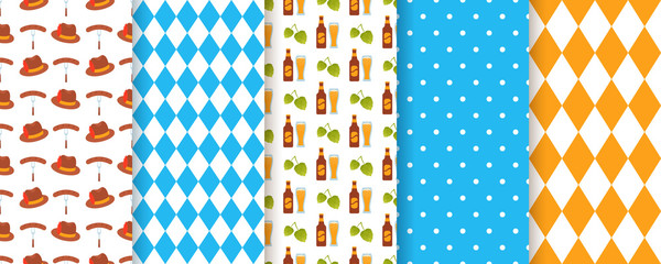 Oktoberfest seamless pattern. Octoberfest background. Vector. Texture with rhombus, beer, hat, sausage and polka dot. Set of Bavarian diamond prints. Germany traditional wallpaper. Color illustration