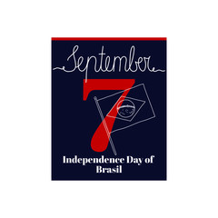 Calendar sheet, vector illustration on the theme of Independence Day of Brasil on September 7. Decorated with a handwritten inscription SEPTEMBER and outline Brasil flag.