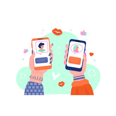 Online dating app interface on two phone screens. Hands holding smartphones with virtual date social media profile pictures, cartoon vector illustration.