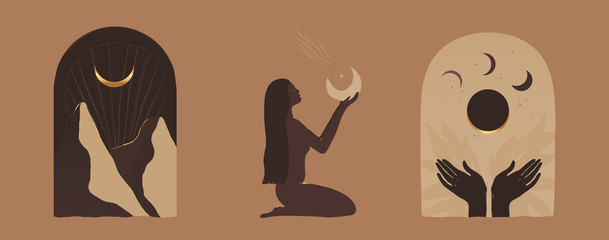 Modern minimalist mystical astrology aesthetic illustration. Beautiful bohemian print set. Collection of contemporary artistic posters.