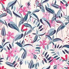 Seamless pattern with flowers, herbs and leaves. Flat vector pattern.
