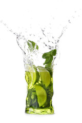 Glass of fresh mojito with splash on white background