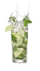 Glass of fresh mojito with splash on white background