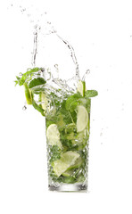 Glass of fresh mojito with splash on white background