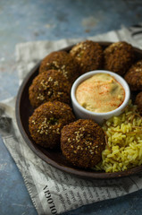 Falafel with rice and humus, vegan diet
