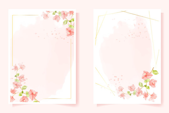 watercolor pink Bougainvillea with golden frame for wedding or birthday invitation card 5x7 template collection