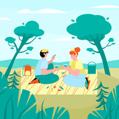 Romantic summer picnic of loving couple, cartoon flat vector illustration. Cartoon characters of man and woman having summertime picnic in the countryside.
