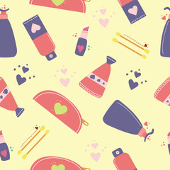 Seamless pattern of cosmetics, flat illustration. For bright girly or woman design,wrapping paper, web.