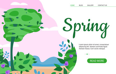 Spring sale website or landing page template with trees and spring blooming nature, cartoon vector illustration. Shopping promotion and prime season discount banner.