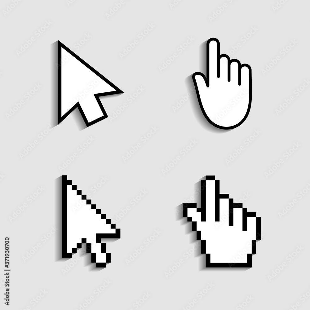 Fototapete Cursor, hand icon from pixels. Pointer mouse for click. Arrow, finger for web, computer and internet navigation. Digital graphic symbol for link of www. Sign for button on screen of website. Vector.