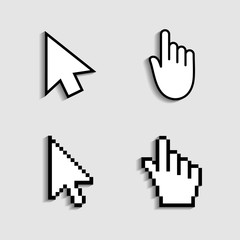 Cursor, hand icon from pixels. Pointer mouse for click. Arrow, finger for web, computer and internet navigation. Digital graphic symbol for link of www. Sign for button on screen of website. Vector.