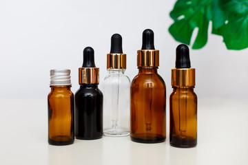 Dropper glass bottles mock up. Cosmetic pipette on white background with tropical leave.