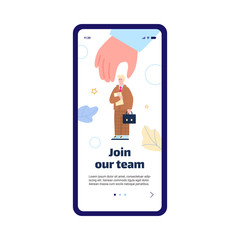Mobile page interface with employer attract an employee to company team, flat cartoon vector illustration. Onboarding page design for recruiting and staff hiring.