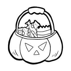 Black line pumpkin basket. Hand drawn cute cartoon for season in October. Doodle for coloring, decoration or any design. Text at bottom 'HALLOWEEN'. Vector illustration about halloween.