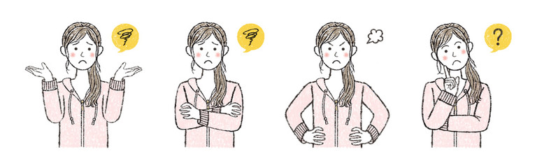 ネガティブなリアクションの部屋着の女性セット　ほんわか優しいタッチ