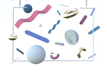 Abstract geometric shapes in dynamic motion. Metallic, gold, marble and mat surface. 3d render illustration in modern pastel color palette. Minimalistic trendy banner, poster, background.