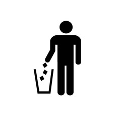 Icon of a person throwing garbage in the trash can. Black and white sign, sticker. Vector