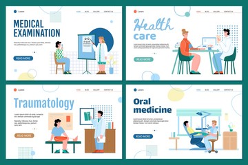 Medical healthcare examination web banners set for traumatology and oral medicine with doctors checking up patients health condition, flat vector illustration.