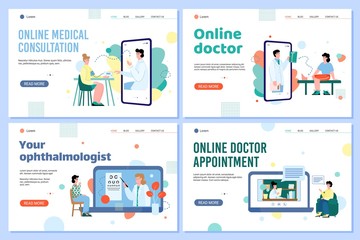 Naklejka na ściany i meble Online medical services. Doctor consultation, appointment and treatment. Examination by ophthalmologist surgeon and therapist. Vector flat illustrations. Set of landing pages templates