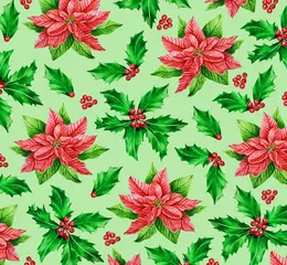 Foto op Plexiglas Christmas or New Year pattern. Poinsettia flowers, leaves and berries of holly. Idea for wallpaper, website background, wrapping paper, prints on a light green background. © Mewlish art