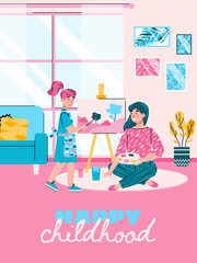 Happy childhood card design with mother and daughter sharing passion for creative hobby, flat cartoon vector illustration. Motherhood and childhood concept.