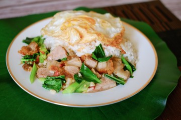 Stir-fried kale vegetable oyster sauce with crispy pork with fried egg top on rice and the plate. 