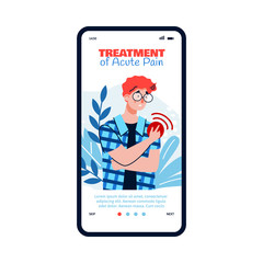 Cartoon man with acute shoulder pain - health app onboarding banner template on phone screen. Person with arm injury or illness touching painful red spot, vector illustration.
