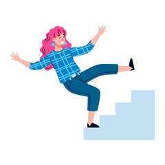Fototapeta na wymiar Young woman cartoon character falling from stairs, flat vector illustration isolated on white background. Falling accident and risk of injury in workplace.