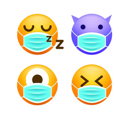 Cute Set of Emoticon with Face Mask on White Background. Isolated Vector Illustration 