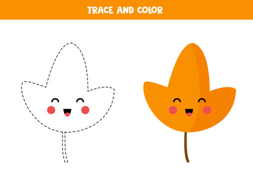 Tracing Lines With Kawaii Leaf For Kids.