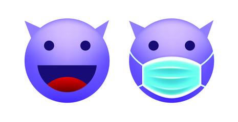 Cute Purple Evil Emoticon with Face Mask on White Background. Isolated Vector Illustration 