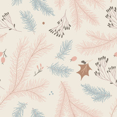 Natural festive seamless pattern for New Year banner background and holiday label design. Winter sale fair pattern. Xmas greeting card with pinecone decoration. Christmas tree illustrations.