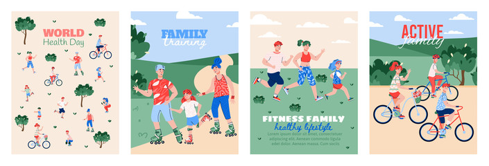 A sporty and healthy family leading an active healthy lifestyle. Active fitness outdoors. World health day. Vector flat illustrations. A set of banner or poster with inscriptions