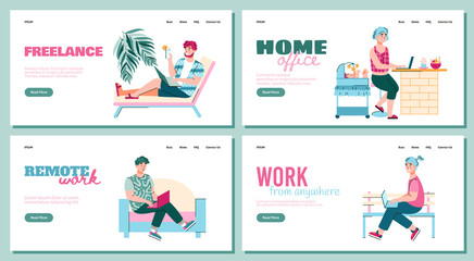 Remote freelance work from home banner set with cartoon people working remotely on laptops. Freelancers using computer at home office, vector illustration.