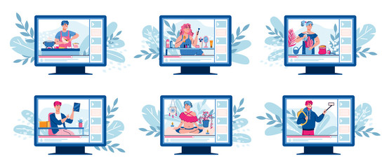 Video blogger set - cartoon vlogger people on computer screen with different content types. Beauty blog, culinary and lifestyle online vlog channels, vector illustration.