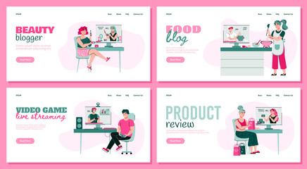 People watching online video bloggers - website banner set with cartoon viewers looking at beauty or food tutorial, video game stream or product review, vector illustration.
