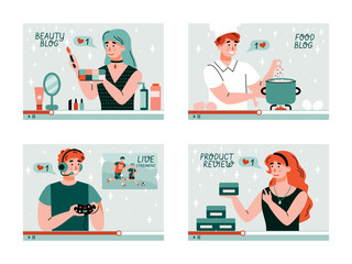 Set of different people on live stream broadcasting or video tutorial, flat cartoon vector illustration. Bloggers and internet influencers recording video content.