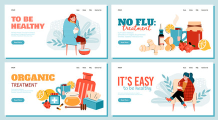 Home treatment for flu or cold virus - banner set for medical and natural healing website. Sick people and organic remedy collection, vector illustration.