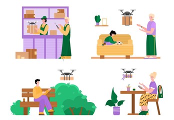 Drone delivery concept. Contactless delivery of packages and boxes by air. A set of flat vector cartoon Illustrations isolated on a white background.
