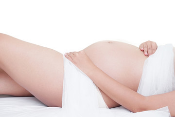 Fototapeta na wymiar Pregnancy woman sleeping on bed with white background