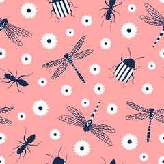 Nature seamless pattern with insects and chamomile. Dragonfly, ant and beetle on pink background. Vector illustration.