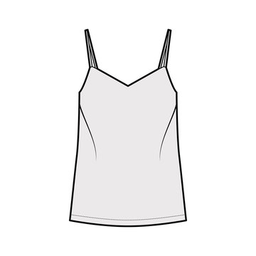 Camisole technical fashion illustration with flattering V-neck, straps, relaxed fit, tunic length. Flat outwear tank apparel template front, grey color. Women, men unisex shirt top CAD mockup
