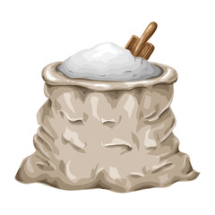 flour or sugar bag illustration isolated on white. whole sack of flour or sugar with scoop vector icon. cute burlap rustic bag full of white grains, rice or salt. great for bakery menu, package design