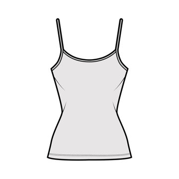 Cotton-jersey camisole technical fashion illustration with scoop neck, fitted body, tunic length. Flat outwear basic tank apparel template front, grey color. Women men unisex shirt top CAD mockup